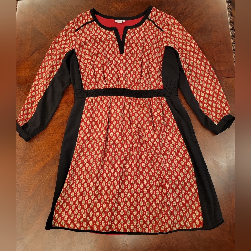Eshakti 3X/24W Light Weight Long Sleeve, Knee Length Dress Red Black Gold